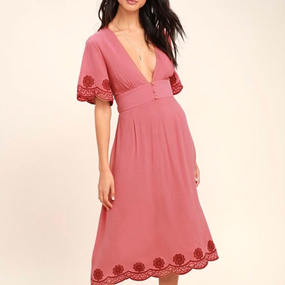 Lulu’s Artistic Terra Cotta Embroidered Midi Dress